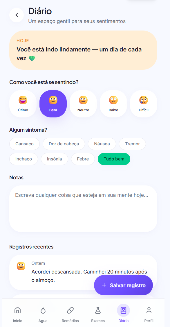 Tela Diário do aplicativo SouRenal