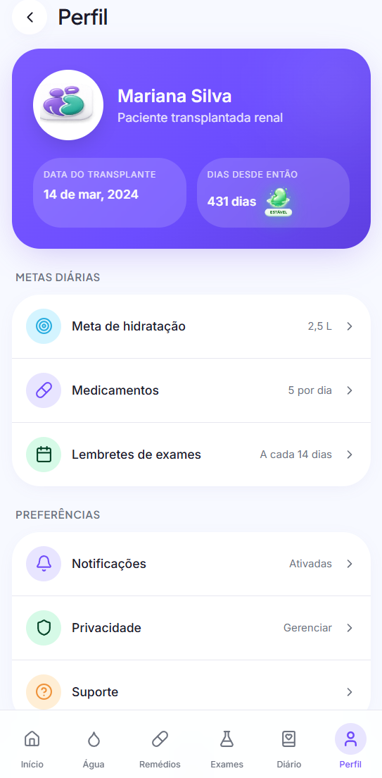 Tela Perfil do aplicativo SouRenal